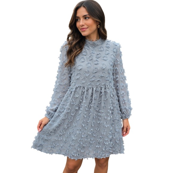 Zara Dresses & Skirts - Zara Textured Fringe Circle Applique Babydoll Mini Dress Dusty Blue Small